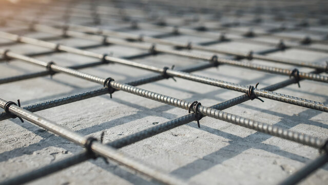 Reinforcement steel mesh grid prepared for pouring concrete slab on site