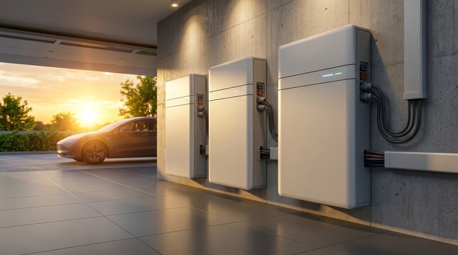 Group of home batteries and energy storage systems installed in a modern garage.