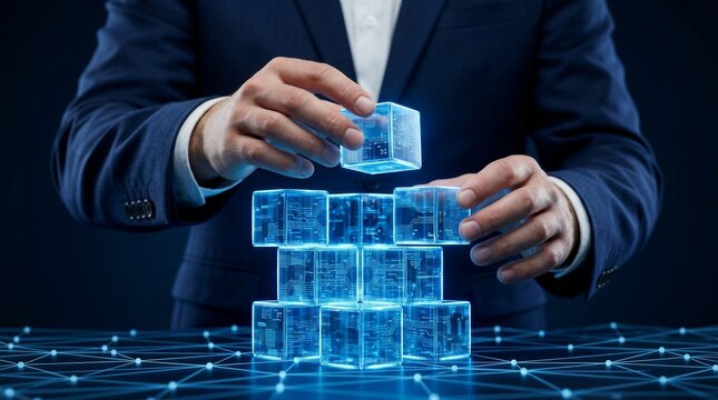 Business hands building a stack of transparent digital cubes for enterprise architecture.