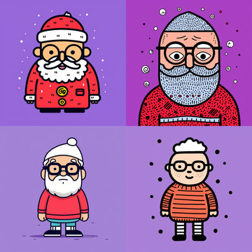 Set of four cute Santa Claus and elderly man characters in flat vector illustration style.