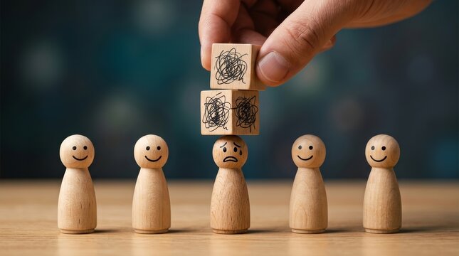 A hand stacks burden blocks with scribbles above a wooden figure, representing mental pressure and workplace stress.
