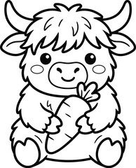 Fototapeta premium Cute highland cow coloring page for kids featuring a little fluffy calf holding a fresh orange carrot