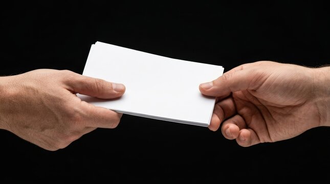 Two hands exchanging blank paper flyers or tickets on a cutout background.