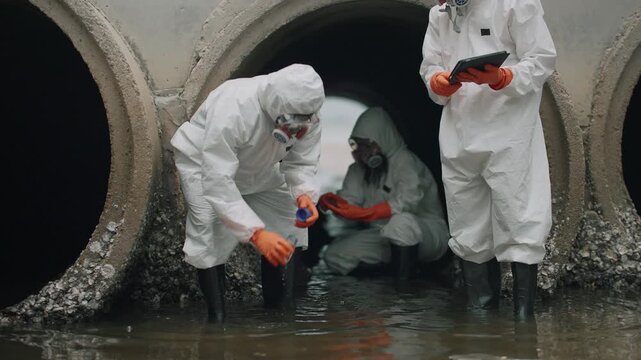 Environmental scientist wearing white protective suit, collecting and analyzing wastewater samples near an industrial drainage system, pollution control, water quality testing, sustainability concept.