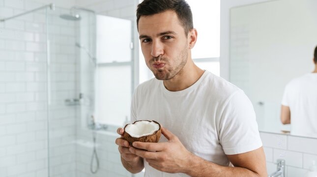 Young man practicing oil pulling with coconut oil in a modern bathroom setting.