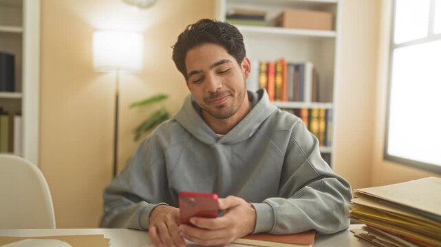 Man smiling with smartphone and fist pump at a home study desk inside a building, books and folders on table; study success joy.