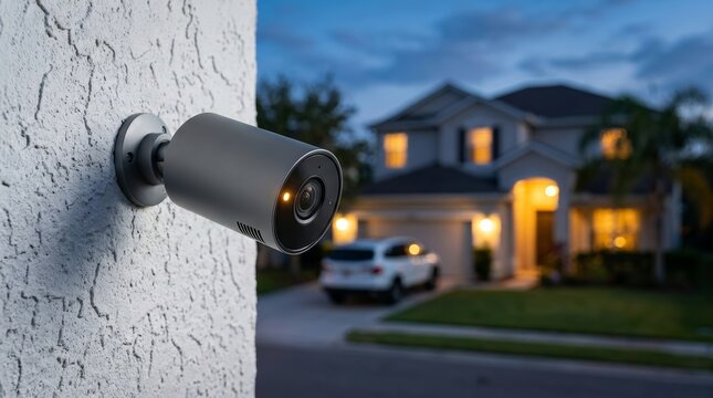 Modern smart security camera with glowing indicators monitoring a suburban home exterior at twilight.