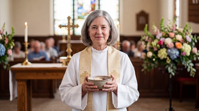Female priest holding holy communion bowl near altar in church. Senior caucasian minister leading religious service during traditional sunday morning christian worship ceremony.