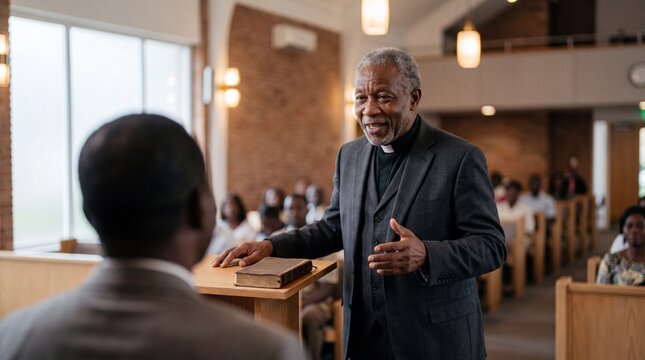 Mature african american pastor talking to parishioner at wooden pulpit in church. Christian minister delivering sermon during religious service for local congregation.