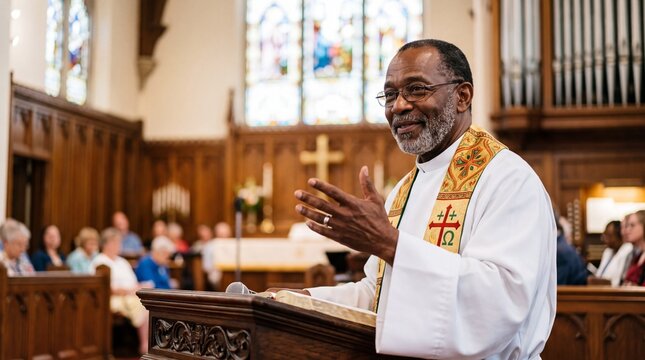 Pastor preaching sermon from wooden podium inside traditional church sanctuary. African american priest leading religious service for christian parish congregation.