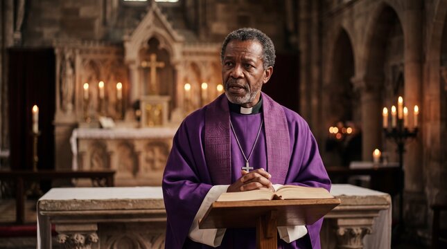 Priest leading a religious service while praying at the wooden pulpit in an ancient church. Senior african american minister holding sermon with holy bible near cathedral altar.