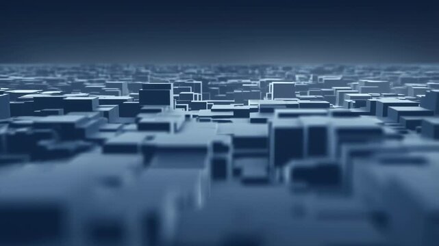 Slow forward camera movement over a digital 3D grid of blue and gray rectangular blocks with depth of field blur. Depth of field blur adds depth and energy to the animated scene.