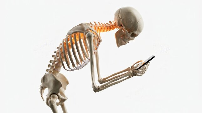 Human skeleton with head bent over a smartphone illustrating tech neck and neck strain.