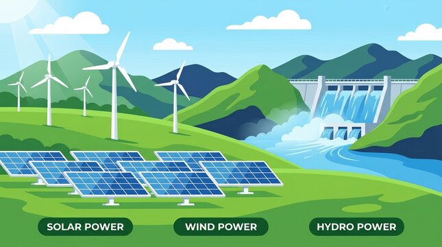 Renewable energy infographic showing solar, wind, and hydro power sources in a green landscape.