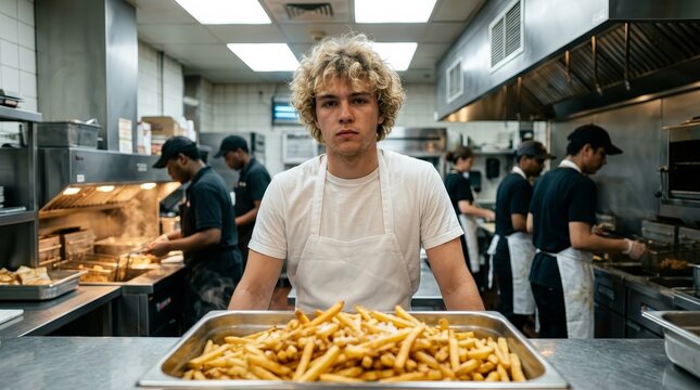 Thoughtful young man with curly hair working in a fast food restaurant.
