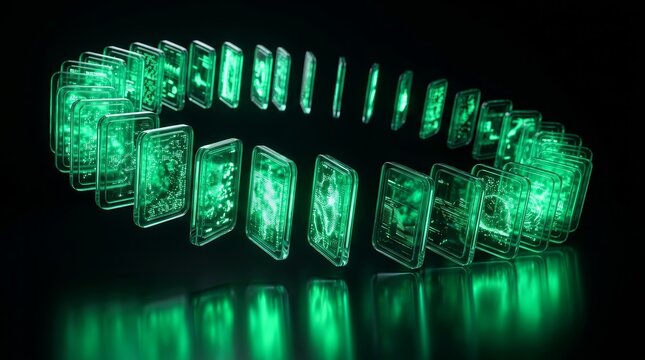 3D rendering of a circular green tech server network with glowing glass plates.