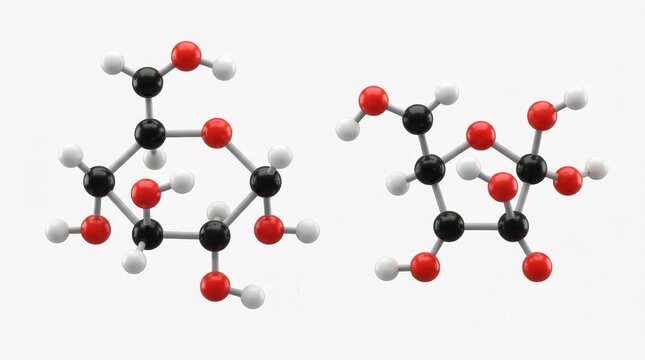 Glucose and fructose structures showing simple molecular composition of sugars for educational use.
