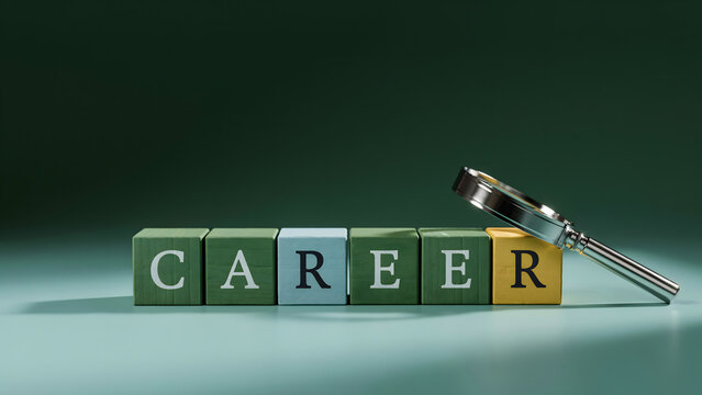 Wooden blocks spelling career with a magnifying glass on a green background