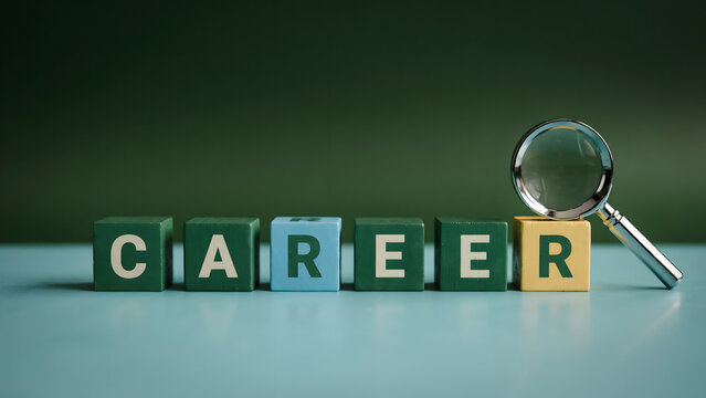 Wooden blocks spelling career with a magnifying glass on a desk