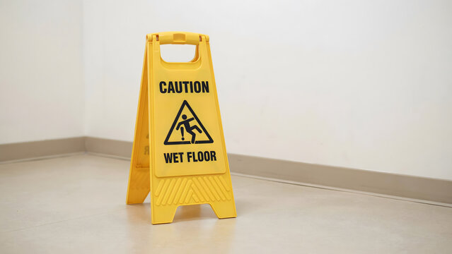 A yellow caution wet floor sign standing on a clean indoor tiled surface