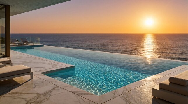 Luxury villa with infinity pool overlooks calm ocean during sunset. Modern terrace with marble floor, lounge chairs offers amazing sea view. Tropical resort vacation background with golden sun light,