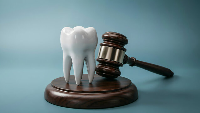 A white tooth standing on a wooden gavel on a blue background