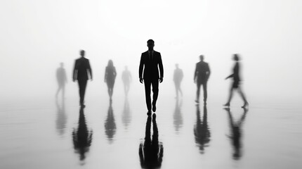 Fototapeta premium Silhouettes of people walking through fog as an abstract business concept background.