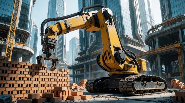 Yellow robotic arm constructs brick wall on city construction site. Automated heavy machine works with blocks, builds new urban structure near modern skyscrapers. Future building industry.