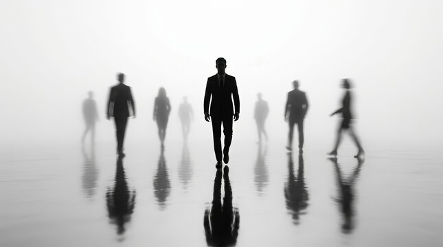 Silhouettes of people walking through fog as an abstract business concept background.
