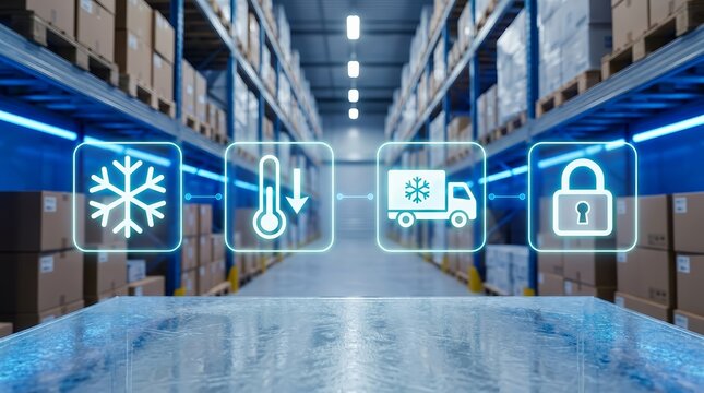 Cold chain logistics concept with snowflake, thermometer, refrigerated truck, and padlock icons.