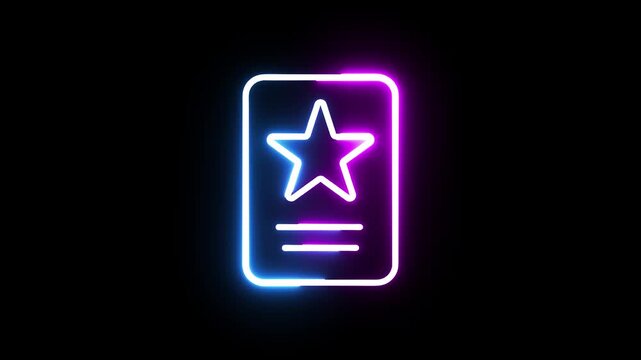 Glowing neon sign icon of paper card with star symbol animation for web app user interface.