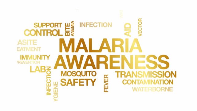 Malaria awareness concept Animated Tag Word Cloud kinetic typography, Text Design Animation typography seamless loop video motion graphics Intro Wordart arrangement golden type on white background bg 