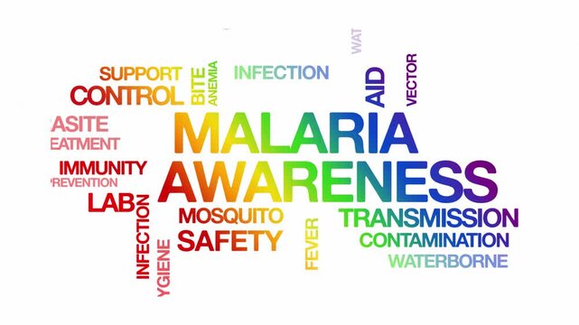 Malaria awareness concept Animated Tag Word Cloud kinetic typography, Text Design Animation typography seamless loop video motion graphics Intro Wordart arrangement rainbow type on white background bg