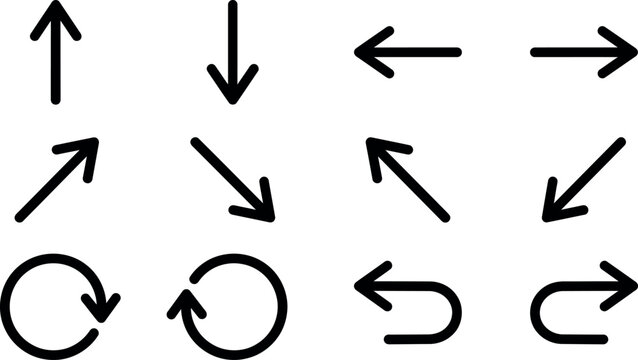 Set of hand drawn arrow icons showing various directions and circular motion on white background