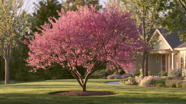 Beautiful blooming pink redbud tree in full spring blossom standing on a pristine green lawn in front of a suburban home, showcasing vibrant natural scenery and landscaping design.