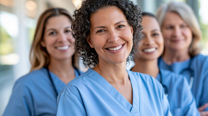 Fototapeta premium Diverse female nurses and medical professionals working together in a bright hospital environment, International Nurses Day, healthcare teamwork, patient support, medical workers,