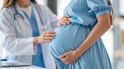 Naklejka premium Faceless pregnant woman standing beside a healthcare professional during a prenatal consultation, maternal health, pregnancy care, midwifery, obstetrics, prenatal screening,
