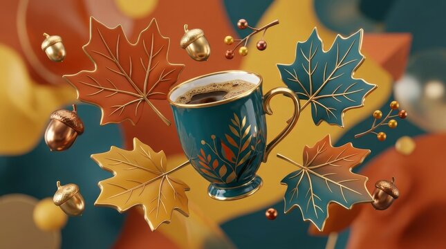 A teal mug filled with hot coffee floats amidst a vibrant autumn display of falling maple leaves and acorns, evoking a sense of cozy warmth and seasonal change.