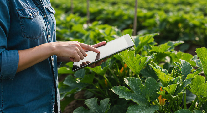 Female farmer checks harvest with tablet in pumpkin field