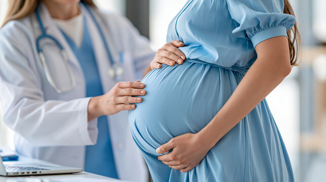 Faceless pregnant woman standing beside a healthcare professional during a prenatal consultation, maternal health, pregnancy care, midwifery, obstetrics, prenatal screening,