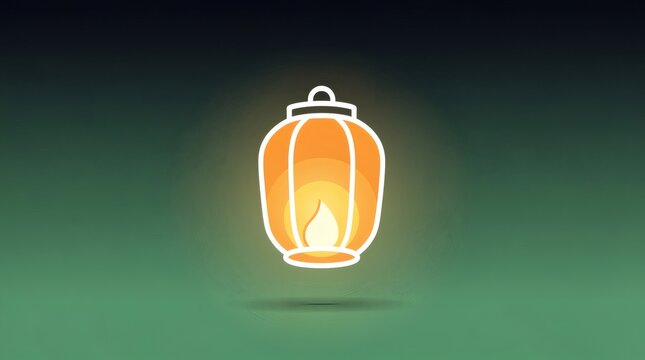 Glowing lantern with an orange light emits a warm shine over a dark green gradient background in minimalistic graphic style.