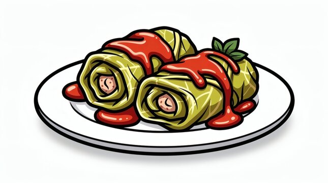 Cabbage rolls stuffed with meat are served on a white plate and topped with red tomato sauce in this food illustration.