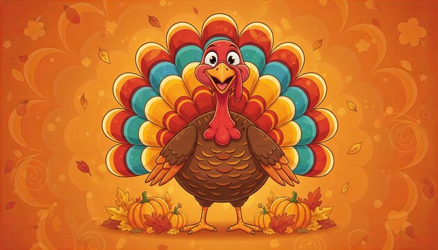 Funny cartoon Thanksgiving turkey smiling happily, colorful feathers, festive autumn decorations, pumpkins, falling leaves