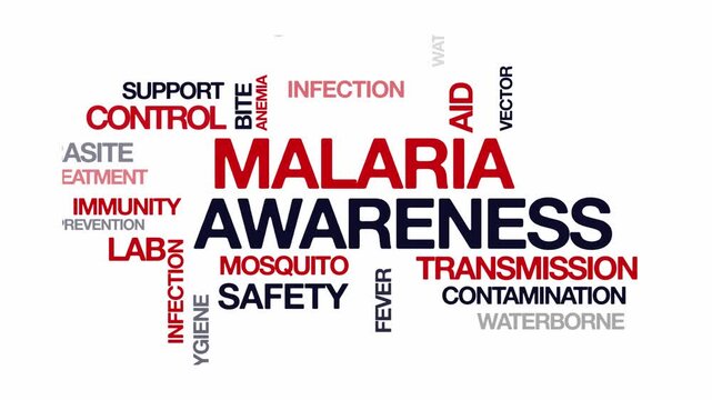 Malaria awareness concept Animated Tag Word Cloud kinetic typography, Text Design Animation typography seamless loop video motion graphics Intro Wordart arrangement red type on white background bg bac