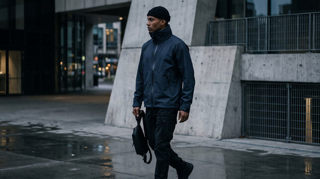 Man in techwear jacket walking through gloomy wet urban city street