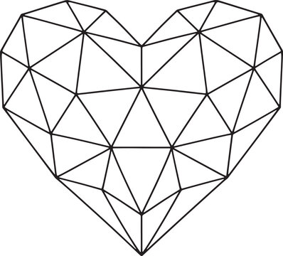 Geometric heart shape with black line featuring a low poly polygonal triangle mesh on a white background