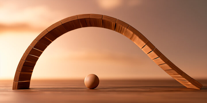 Arched wooden planks with a curved path and track for a small ball
