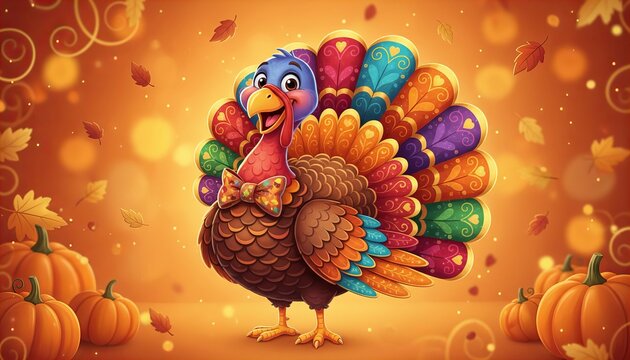 Funny cartoon Thanksgiving turkey smiling happily, colorful feathers, festive autumn decorations, pumpkins, falling leaves