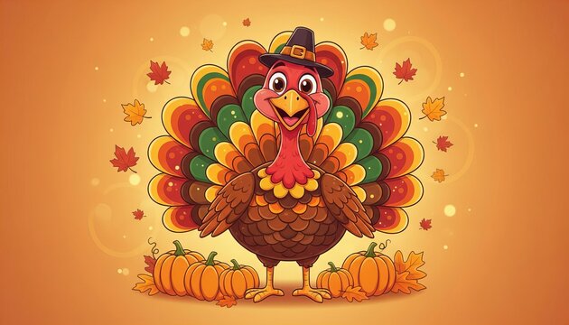 Funny cartoon Thanksgiving turkey smiling happily, colorful feathers, festive autumn decorations, pumpkins, falling leaves