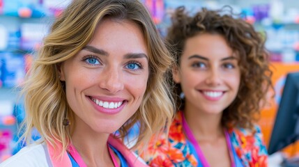 Fototapeta premium Friendly smiles greet shoppers in a vibrant pharmacy. Bright blue eyes sparkle with warmth and cheer. Colorful attire adds playful energy to the scene. Background shelves hold endless product variety